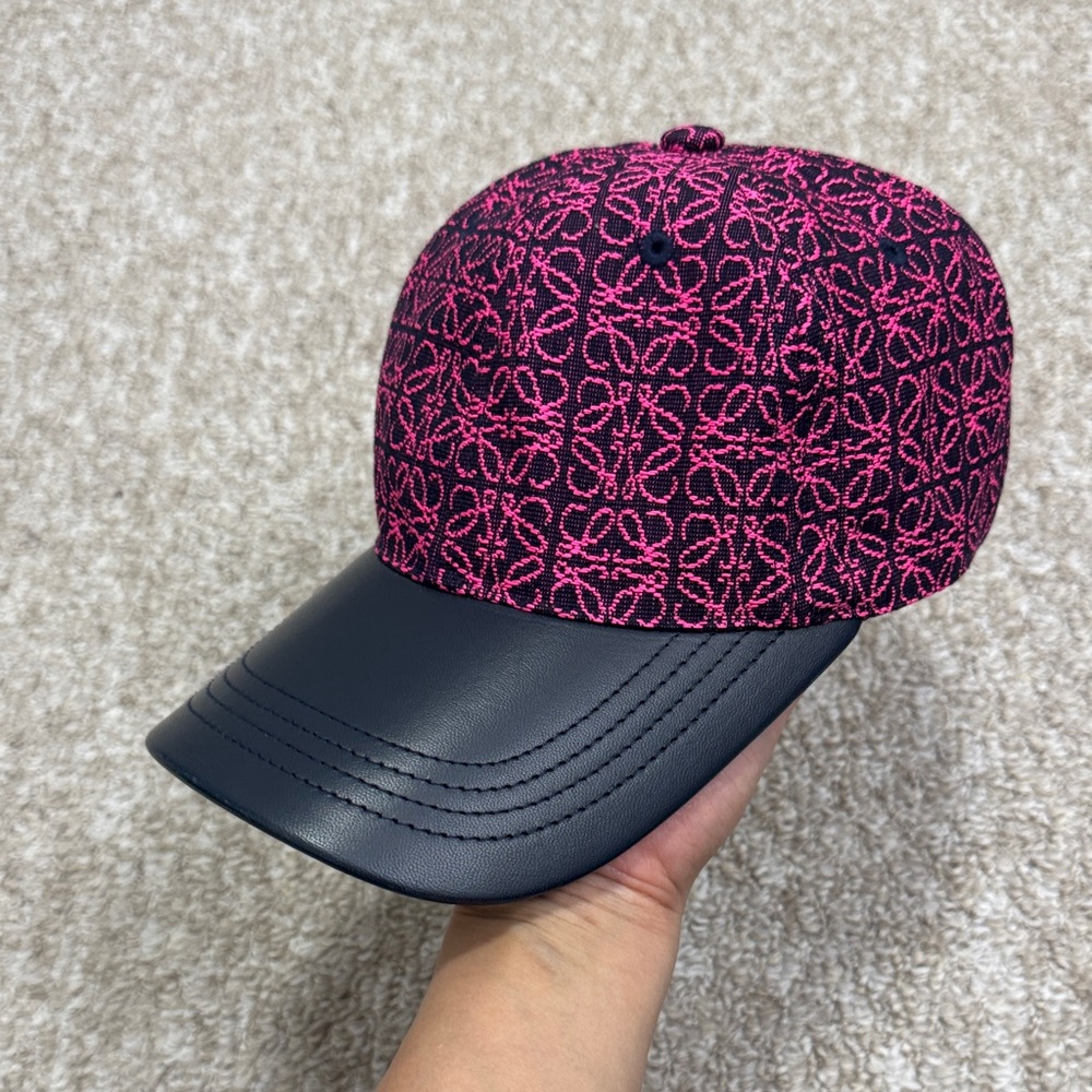 Loewe Black & Hot Pink Monogram Cap with Brown Leather Patch